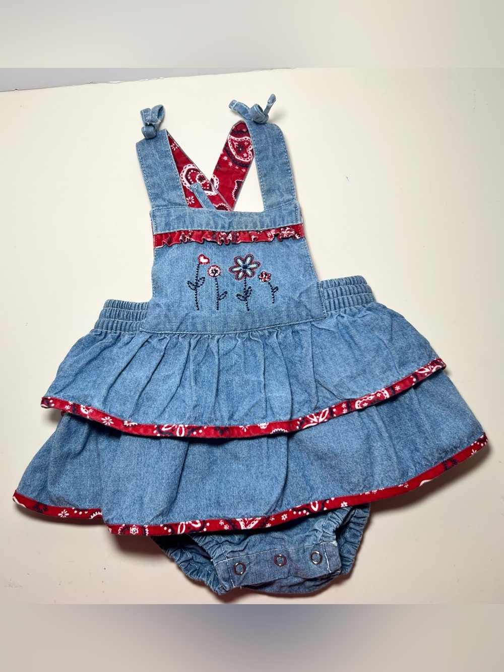 VTG Faded Glory Western Bandana Denim Ruffle Coquette Cottagecore Bubble Romper